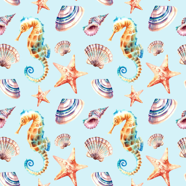 无缝图案与海洋动物的形象。由贝壳、冰鞋和星星组成。水彩插图在一个孤立的背景。水下世界。海滩度假。图片下载