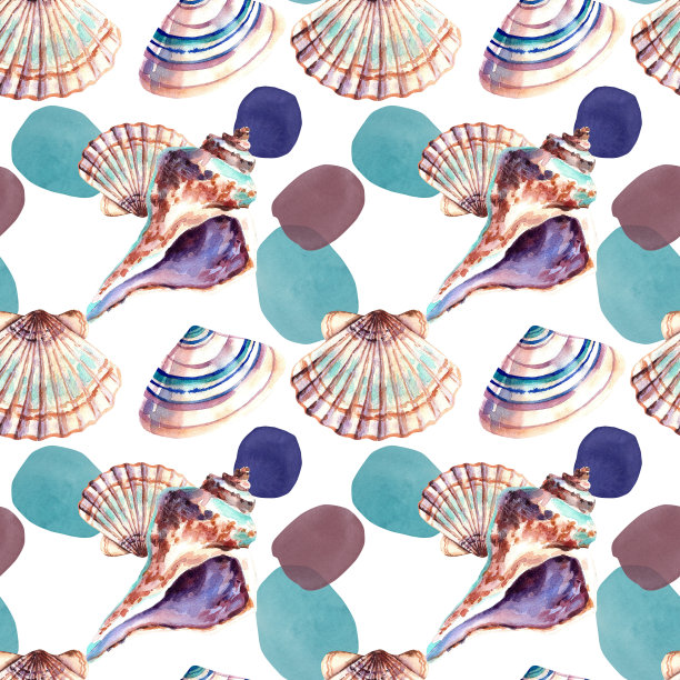 贝壳和水彩斑点的图案。水彩插图。海洋动物。深处的居民。贝壳的拼贴画。去海边旅行。图片下载
