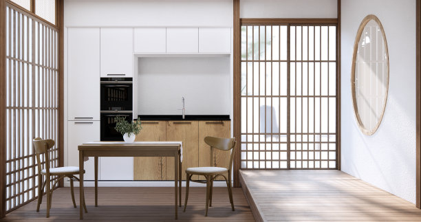 现代日本风格的厨房和餐桌在木地板上。图片下载