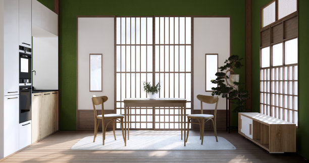 木地板上的日式房间餐桌。图片下载