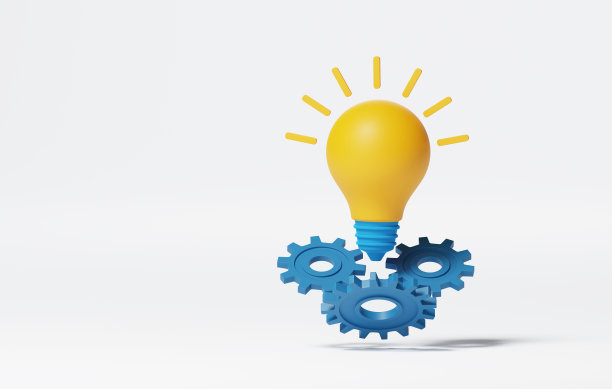 白色背景上的黄色发光灯泡和齿轮图片下载
