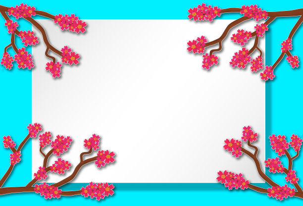 白色纸张背景上的粉色樱花和棕色树枝图片下载