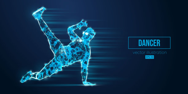 抽象线框一个年轻的街舞舞者剪影从三角形和粒子在蓝色背景霹雳舞男子孤立。矢量图图片下载