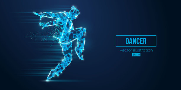 抽象线框一个年轻的街舞舞者剪影从三角形和粒子在蓝色背景霹雳舞男子孤立。矢量图图片下载