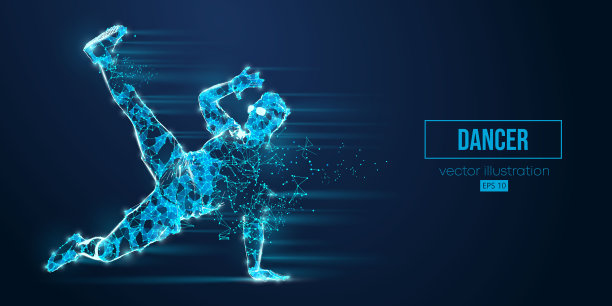 抽象线框一个年轻的街舞舞者剪影从三角形和粒子在蓝色背景霹雳舞男子孤立。矢量图图片下载