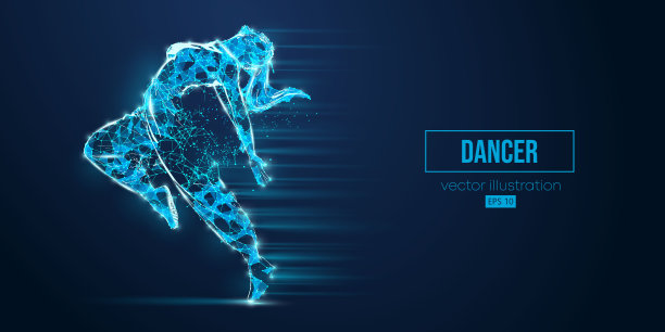 抽象线框剪影一个年轻的街舞舞者从三角形和粒子在蓝色背景霹雳舞女子孤立。矢量图图片下载