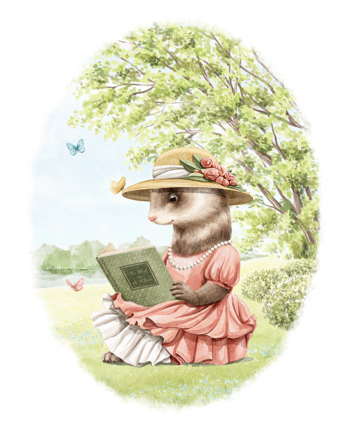 水彩卡通雪貂穿着复古的衣服在夏天绿色的大自然中看书图片下载