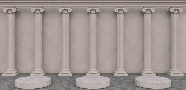 产品蒙太奇讲台古希腊圆柱绿色旧背景，物体位置，3d渲染，插图阴影图片下载
