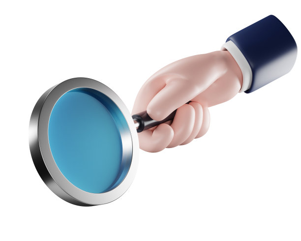 分析，分析的概念。漫画手拿着放大镜，孤立在白色背景上。3 d图标。图片下载