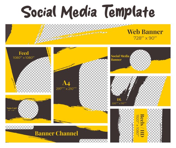 独特的社交媒体横幅，黄色的笔触主题和棕色的基础，有各种大小和大小的说明图片下载