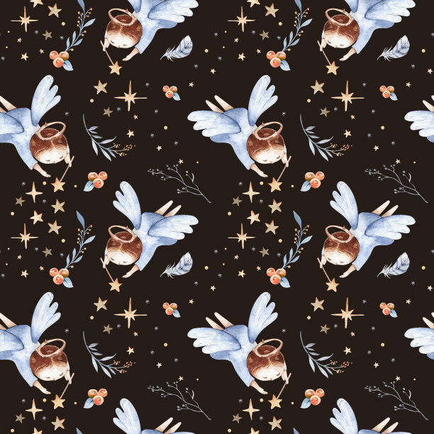 水彩圣诞诞生场景无缝图案。神奇的基督教故事与新生的耶稣，玛丽，天使和羔羊。圣诞贺卡图片下载