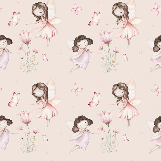仙女和花朵水彩无缝女孩苗圃图案。卡通粉色神奇女孩宝宝背景。童话般的纺织艺术图片下载