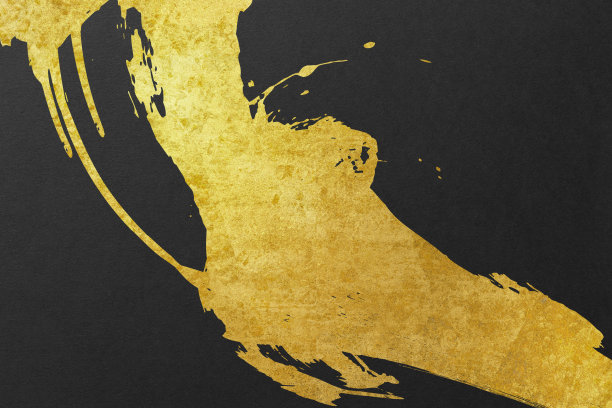 日本风格的抽象背景与空间的文字。金色弯曲的笔触在左边。深色复古风格模板。黑色背景。图片下载
