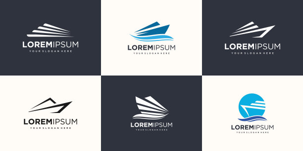 快艇与波浪元素标志图标集。船标志设计模板矢量。图片下载
