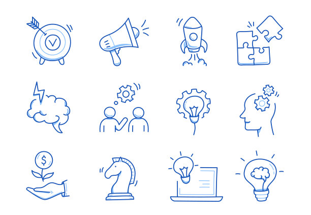 经营理念，启动涂鸦线图标集。手绘手绘素描线条风格的企业战略，财务目标理念。火箭，目标，大脑可爱元素。向量图片下载