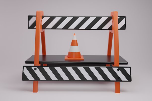 3d渲染一个交通锥路与危险屏障。白色背景上孤立的条纹交通障碍。公路建设作业区域安全。施工警告标志。矢量写实三维插图图片下载