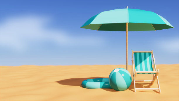 伞，椅子，球和漂浮准备在海滩上，度假主题，3d渲染图片下载
