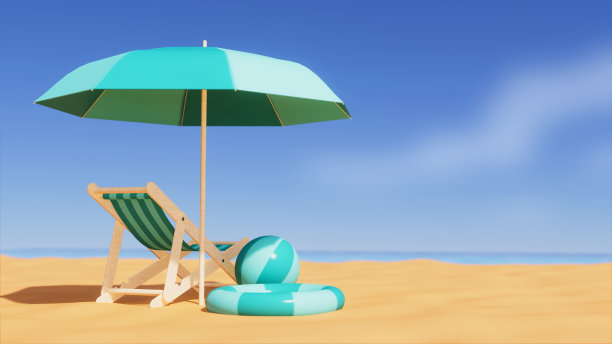 沙滩度假元素如伞、椅、球和花车指向大海，主题放松图片下载