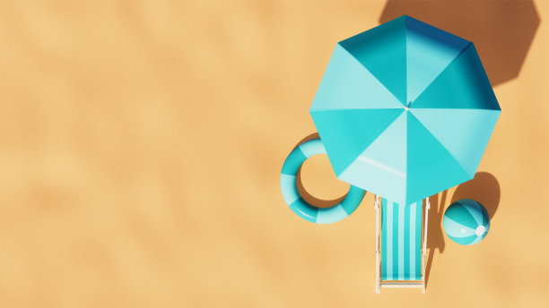 俯瞰球，椅子，伞和漂浮在海滩上，度假主题，3d渲染图片下载