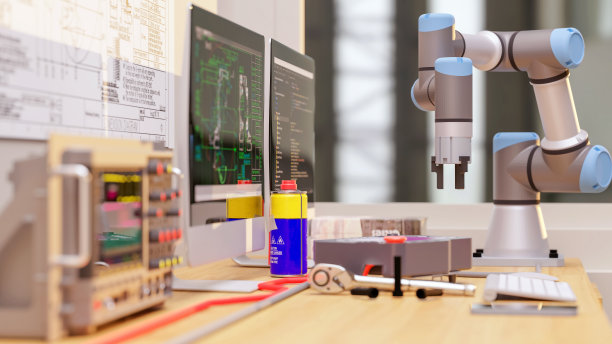 插图三维模型:支持汽车工厂的工程师工作台检查和修复机器人手臂与重新教学编码。工程师编码语言工作在现代工厂的概念。图片下载