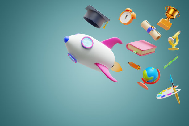 回到学校。火箭发射，教育图标收集。三维渲染图片下载