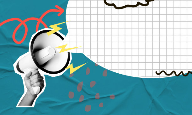 当代艺术拼贴。人手拿着扩音器，传播假新闻。图片下载