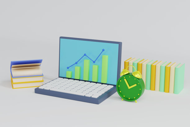 三维渲染笔记本电脑与升序条形图。企业财务观念。图片下载