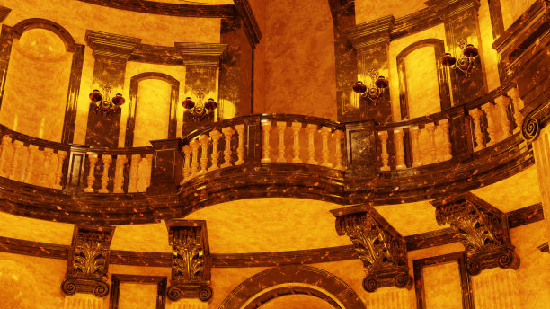 宫殿内部，带有烛台的大理石墙壁，烛光，背景音乐，3d渲染图片下载