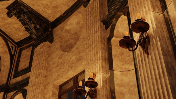 宫殿内部，带有烛台的大理石墙壁，烛光，背景音乐，3d渲染图片下载