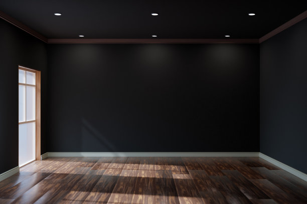 空房间与黑墙背景木地板，客厅- 3D渲染图片下载