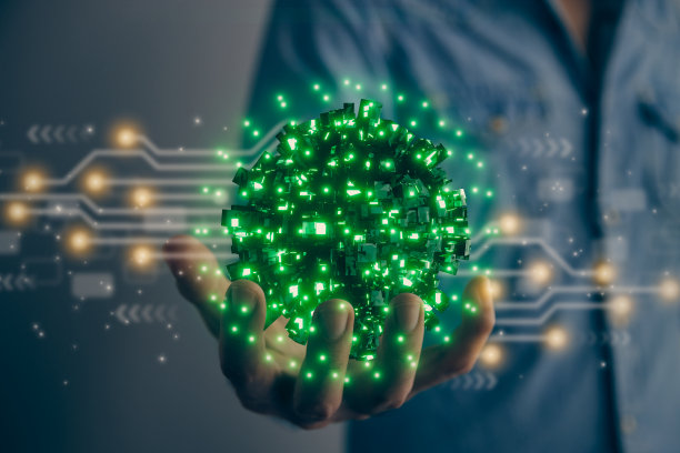 人类持有绿色科幻地球或球体AI大脑和电路线路在复古色调图片下载