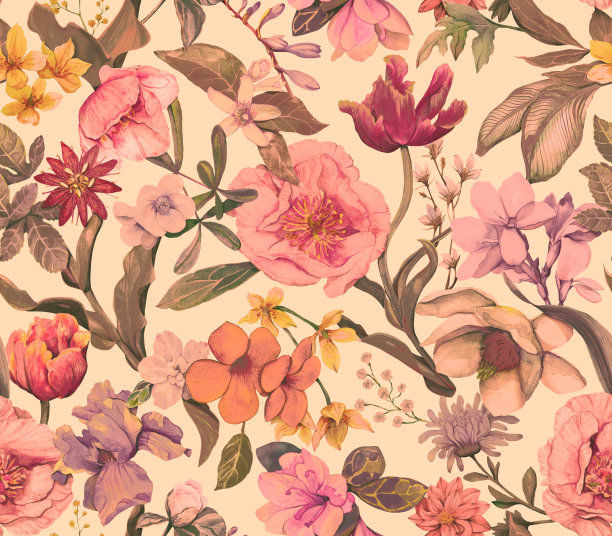 花无缝图案画在水彩。花卉背景与不同的花图片下载