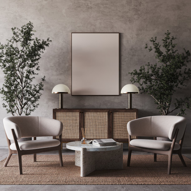 黑暗的客厅内部与扶手椅，木制马桶和模拟帆布海报。3 d渲染。高质量3d插图图片下载