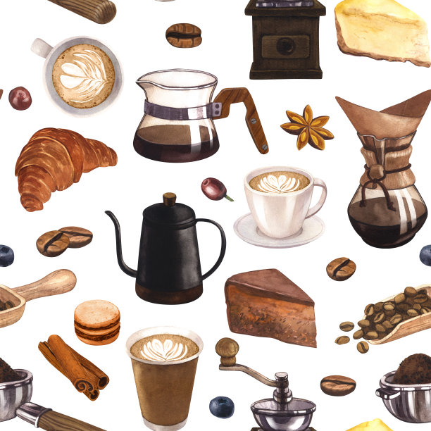 水彩无缝图案咖啡和甜点。色彩丰富的细节，有很多的对象。手绘插图孤立在白色背景。完美的食物菜单，咖啡厅，餐厅元素的概念图片下载