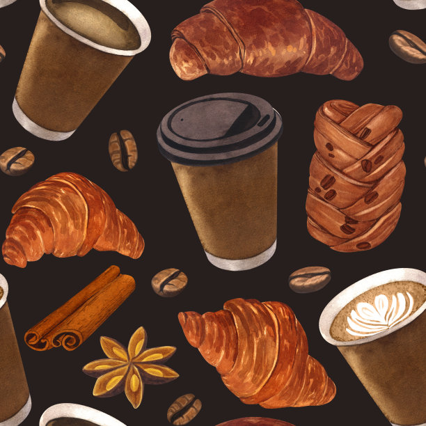 水彩无缝图案咖啡和甜点。手绘插图孤立的黑色背景。完美的食物菜单，咖啡厅，餐厅元素的概念图片下载