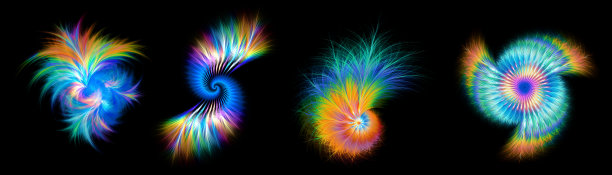 四羽分形螺旋的集合。彩虹的颜色。黑色上有用的设计元素。图片下载