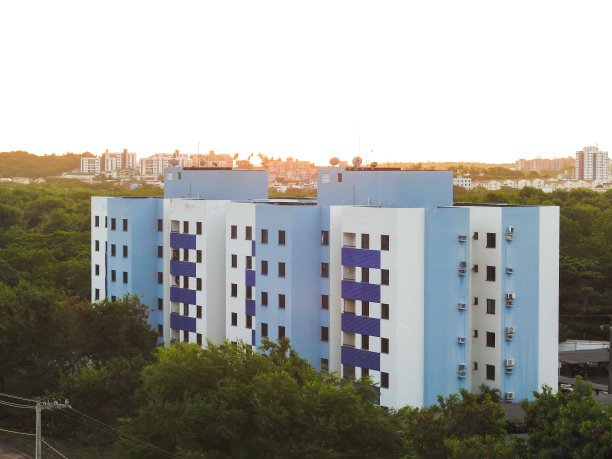 在植被中间的住宅楼。图片下载