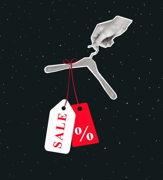 当代艺术拼贴的手持衣架与销售价格标签。图片下载