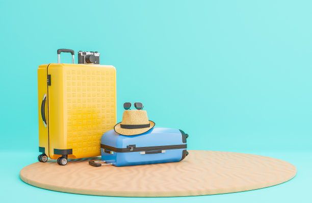 黄色和蓝色手提箱与旅行配件在沙架和浅蓝色背景。夏季旅游概念。，3d模型和插图。图片下载