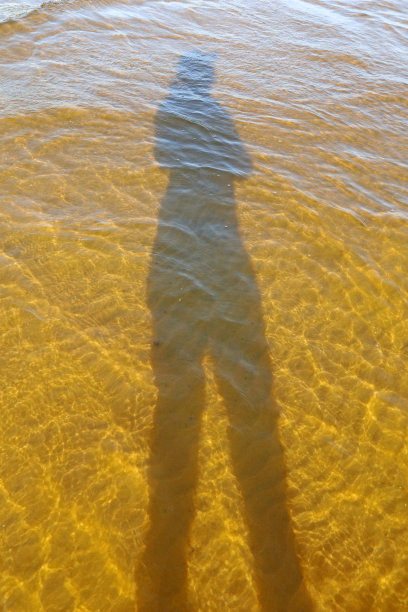 阳光明媚的日子里，一个人在浅水沙滩上的影子。图片下载