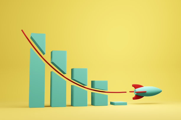 玩具火箭以向下的方向飞过商业条形图。说明销售损失和收入减少的概念图片下载