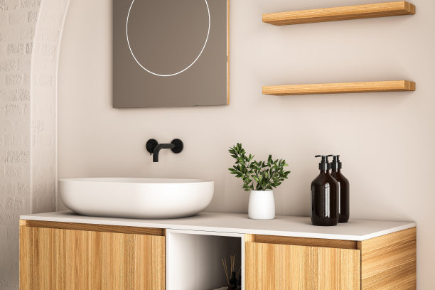 3D渲染一个带有陶瓷洗脸盆和现代风格水龙头的空白色梳妆台，浴室里有早晨的阳光和阴影。产品展示模型的空白空间。背景图片下载