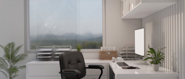 一间现代的白色办公室，靠窗的白色角桌上放着一台电脑模型图片下载