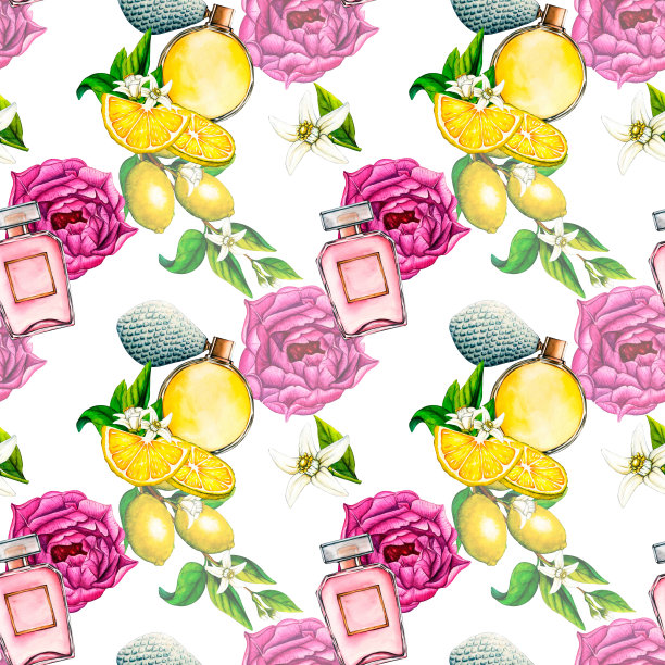 水彩无缝图案柠檬白色花朵，树枝，切片和花卉香水瓶与紫罗兰郁金香，粉红色牡丹。手绘植物插图黄色柑橘类水果，芳香喷雾图片下载