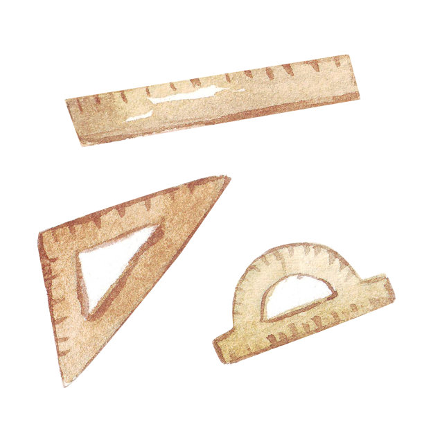 一套多色学校统治者水彩风格插图孤立在白色背景。极简的尺子集合剪贴画，量角器，尺子，三角形的尺子可爱的绘图。统治者水彩图片下载