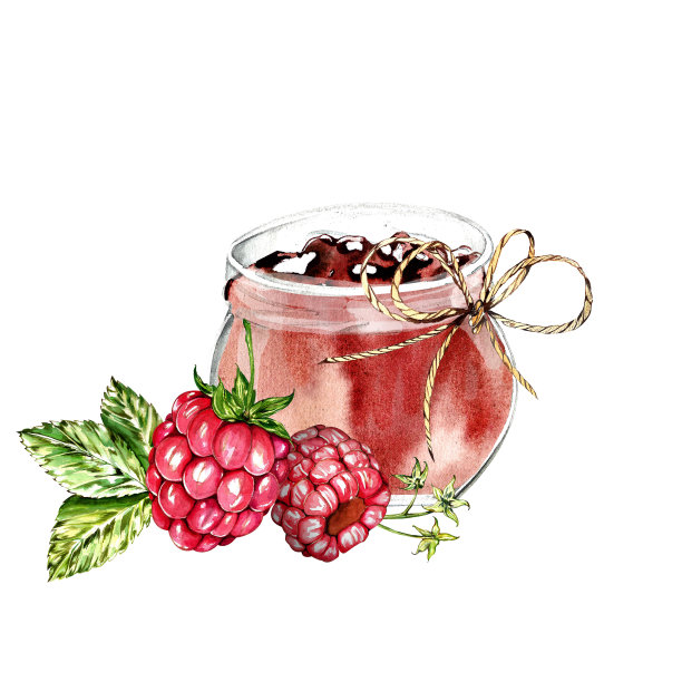 一组水彩元素。多汁的覆盆子和叶子。用于明信片和设计图片下载