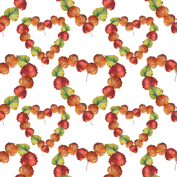 无缝图案与秋天的花束。带拷贝空间的心框。水彩手绘橙叶花环在白色的背景。森林自然植物的叶子。万圣节的包装纸，墙纸图片下载