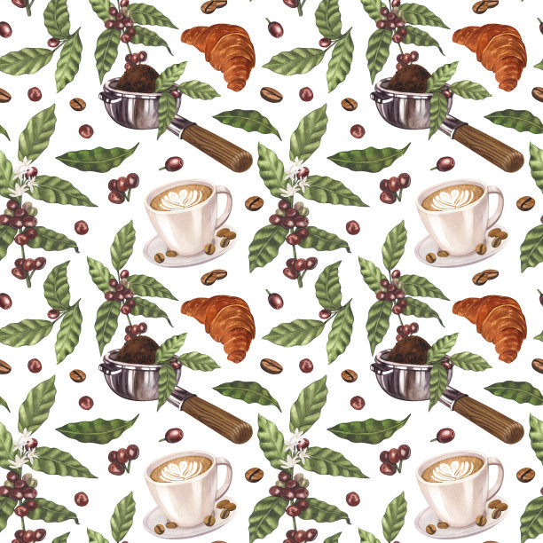 水彩无缝图案咖啡豆，分支与浆果，portafilter和杯拿铁咖啡。插图孤立在白色背景上。完美的咖啡厅，餐厅，菜单，卡片，海报的概念图片下载