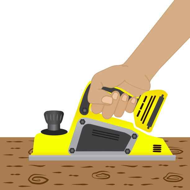 木工专业设备。木工手中的电动刨床在刨木板。图片下载