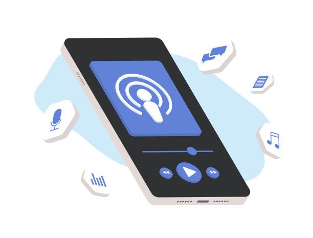 发现世界的播客和流媒体与移动播客应用程序。柔和色彩的等距平面设计在手机屏幕上展示播客应用程序。矢量插图的创意项目图片下载